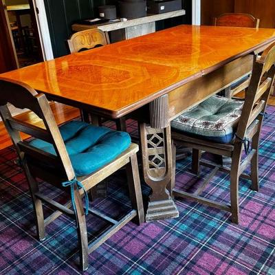 Vintage Expandable Metal Top Dining Table With 4 Wooden Chairs