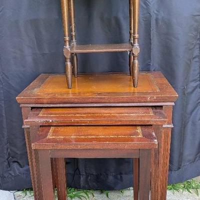 Three Vintage Wooden Nesting Tables & Two-Drawer Stand