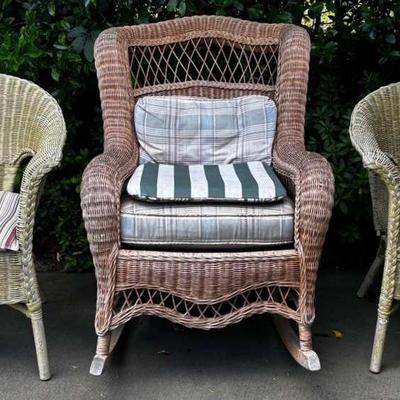 Charming Wicker Rocking Chair & Two Wicker Armchairs With Cushions