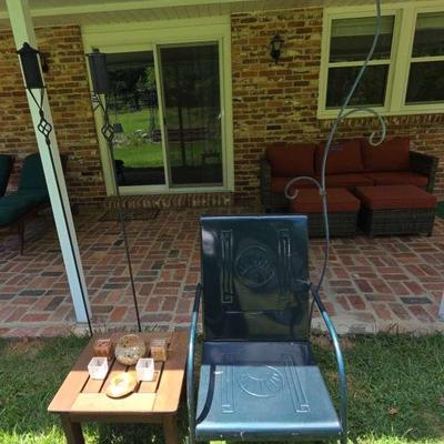 Paul Fleisher Metal Patio Chair, Wooden Side Table, Tall Torch Lamps & Decorative Plant Hook