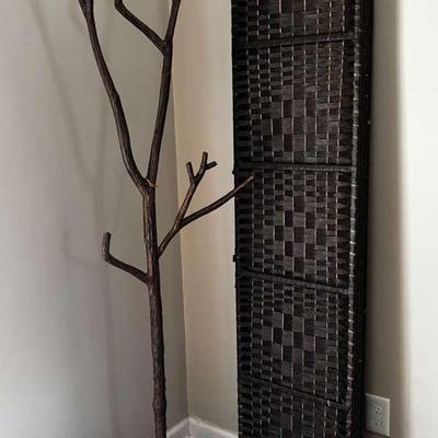 Wicker Room Divider & Tree-Inspired Metal Coat Rack