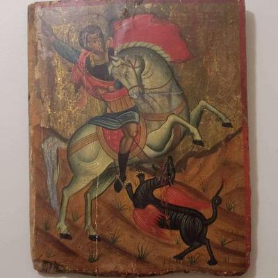 St George Slaying the Dragon Painting on Wood Panel