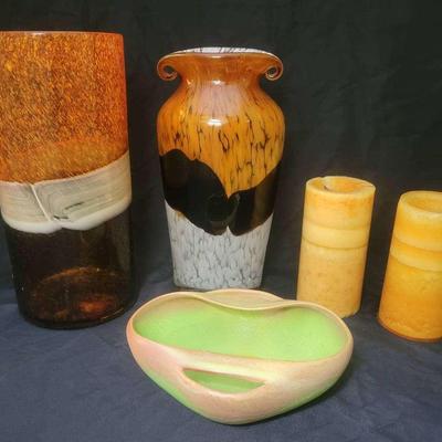 Collection of Art Glass Vases, Candles, and Midcentury Bowl