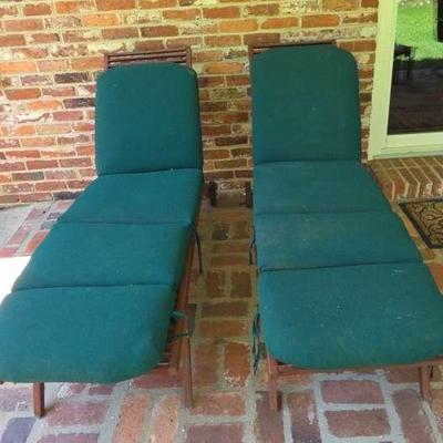 Pair of Outdoor Wooden Chaise Lounges with Teal Cushions