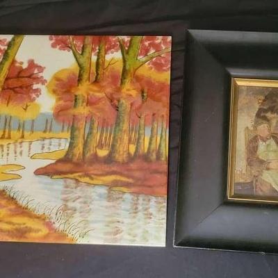 Pair of Distinctive Framed Art Pieces – Autumn River Landscape & Tavern Scene