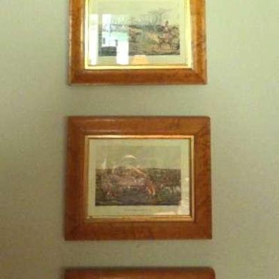 Set of Four Antique Hunting Prints in Burlwood Frames