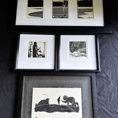 Collection of Black & White Framed Prints Including Inuit Artwork by Henri Napartuk