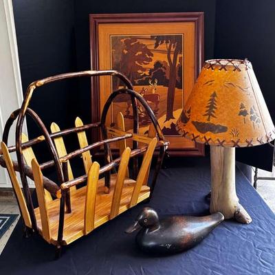 Lodge-Style Decor Collection – Lamp, Magazine Rack, Wood Art & Duck Decoy