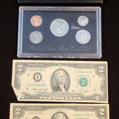 1995 U.S. Mint Silver Proof Set with Two $2 Bills