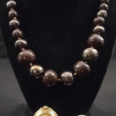 Beaded Necklace with Cameo and Floral Pendants