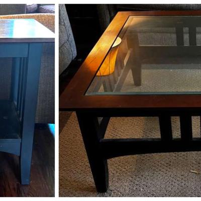 Matching Black & Brown Coffee Table And Side Table Set
