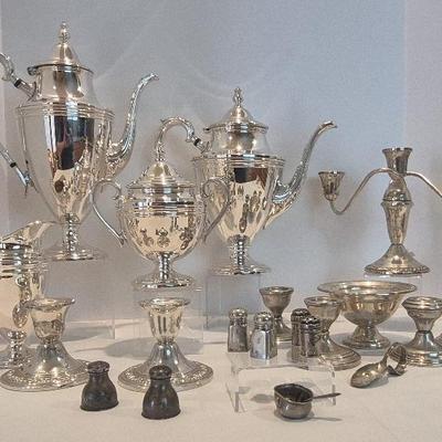 Sterling Silver Candle sticks, Salt and Pepper With Silver Plated Tea Pots - Reserve $200