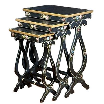 (3pc) Painted Nesting Tables | With flower painted boarders and aprons and gilt accents; smallest h. 24 Dimensions: h. 30 x w. 22 x d. 14...