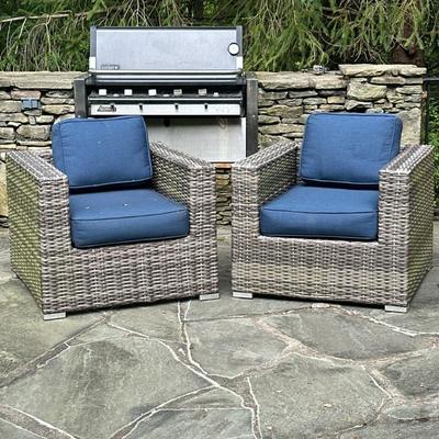 (2pc) WOVEN PATIO CHAIRS WITH CUSHIONS | Having aluminum frame wrapped in all-weather wicker, square arms and a blocky base. Including...