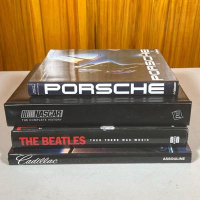 (4pc) Car Themed & Beatles Coffee Table Books | Including a book on Porsches, Cadillacs, and Nascar the Complete History. Beatles...
