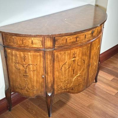 Inlaid Wood Demilune Bar Cabinet | Having a single drawer over double cabinet doors flanked by curved side doors, over cabriole legs - h....