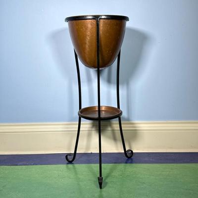 Copper Ice Bucket On Stand | On a scroll footed stand Dimensions: h. 30 x dia. 14 in
