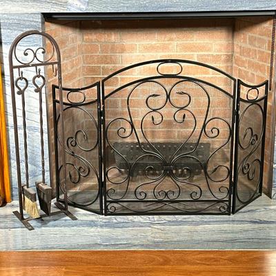 (4pc) Fireplace Tools & Screen | Black wrought iron foldable screen with scrolled vine pattern. Wrought iron brown metal stand with 3...
