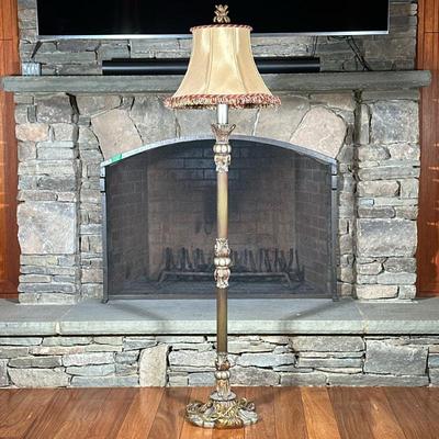 Metal Column Floor Lamp, Old World Aesthetic | Classical aesthetic bronzed finish carved style column lamp with a looped tassel shade...