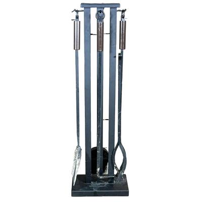 Contemporary Fireplace Tool Set | Stand with four tools of black metal finish with brown handles Dimensions: h. 30.75 x w. 6 x l. 9.75 in...