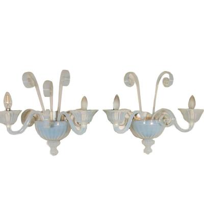 (2pc) PAIR BAROVIER MODERNIST SCROLL MURANO GLASS SCONCES | Opaline glass scones having central bowl and two arms with curling glass...