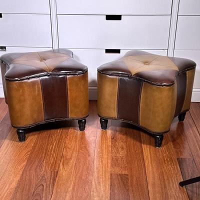 (2pc) Pair TIC Collection Morocco Ottomans | Contrasting brown leather. Having nail head detailing, matching covered button, on four...