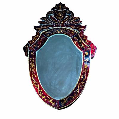 Contemporary Deep Red Trimmed Mirror With Gold Accents | Shield-shaped mirror with acrylic dark cranberry carved trim. Acanthus leaves...