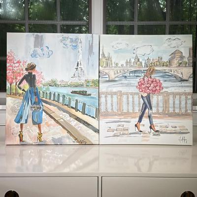(2pc) Pair Parisian Giclees | Fashion scenes, on canvas. Lisel Long; both signed in the print bottom right. Dimensions: h. 24 x w. 20 in...