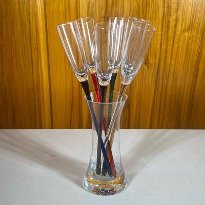 (7pc) Handblown Unique Tulip Champagne Glasses | Each tulip glass has a different colored handle/stem. Comes with a glass vase/container....