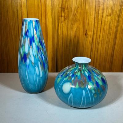 (2pc) Blue Glass Decorative Vases | Including a bulbous vase and a tall vase - h. 15.25 in (tallest)
