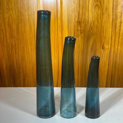 (3pc) Blue Glass Vases | Hand blown glass, no apparent signature - h. 19.5 x dia. 3.5 in (largest)
