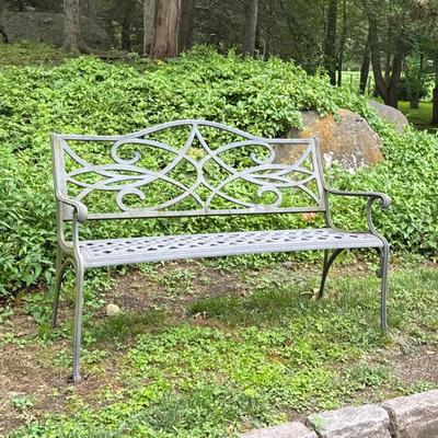 Cast Aluminum Outdoor Bench | Classic-style outdoor garden bench with scrolled backrest design and latticework seat - h. 32.5 x l. 50 x...