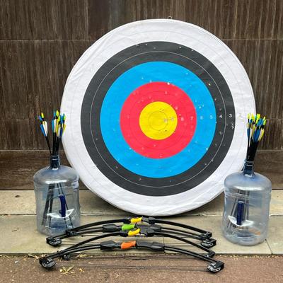 (7pc) Archery Set | Includes 4 bows and 30 arrows. Standard 5 color target is designed to hang. Dimensions: w. 6 x dia. 48 in (Target)
