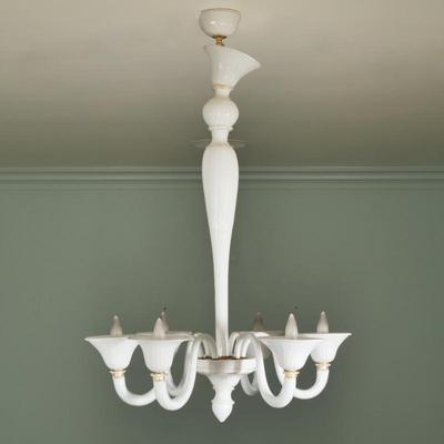 MURANO GLASS MID-CENTURY ELEGANT CHANDELIER | Contemporary Italian Murano glass chandelier having 6 lights, tiered central support,...