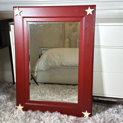 Star Red Painted Frame Beveled Glass Mirror | With metal wire on verso for hanging - h. 37.75 x w. 28 in (overall)
