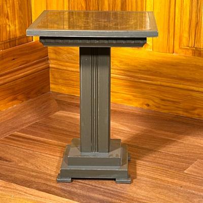 Dentil Square End Table/Plant Stand | Pedestal column form side table having a copper inset on table top, stepped base and four feet. -...