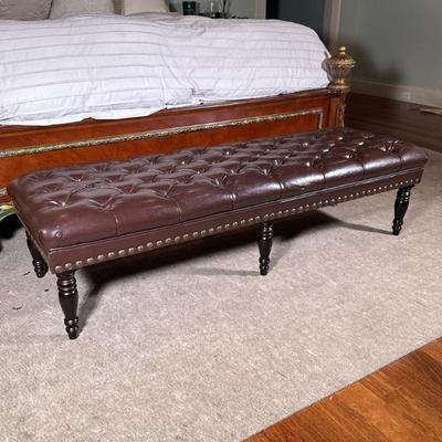 Brown Leather Style Chesterfield Tufted Bench | Rectangular bench with a tufted seat upholstered in a leather-like vinyl material....