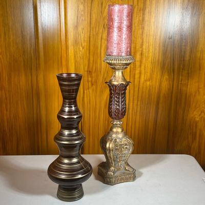 (2pc) Tall Carved Candlestick Holder And Vase | Brown with gold accents tall vase. Elaborate, carved gold composite pedestal candle...