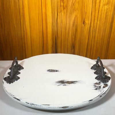 Rustic Chic Lazy Susan | Turntable of large size with white paint and mounted metal handles - dia. 24 in
