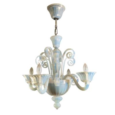 BAROVIER MODERNIST SCROLL MURANO GLASS CHANDELIER | 4-light opaline glass "up and down curls" chandelier with curling arms - h....
