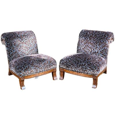 (2pc) Custom Upholstered Scroll Slipper Chairs | With contemporary chic brown and blue leaf-patterned textured velvet upholstery over...