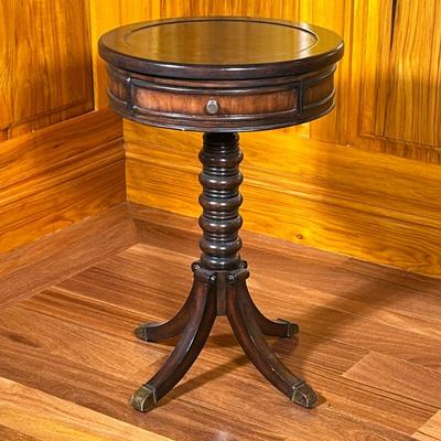 Small Round WOODEN Side Table by Hooker Furniture | Dark wood table made by Hooker furniture on a turned column over a four legged /...