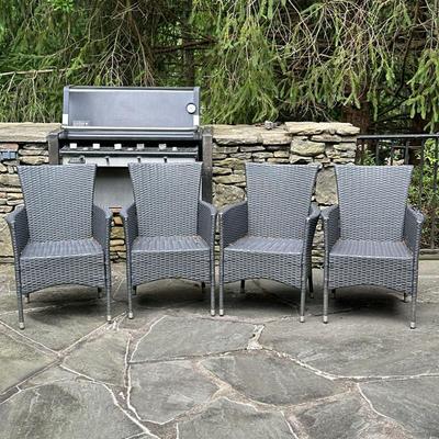 (4pc) WOVEN Outdoor Armchairs | Patio chairs, metal and all-weather resin wicker - h. 33 x w. 23.5 x l. 20 in
