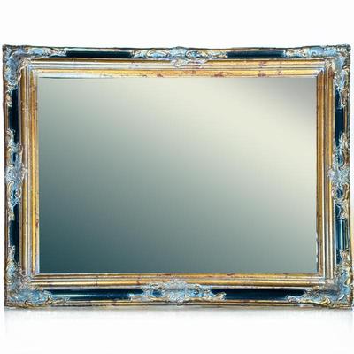 Beveled Glass Fancy Framed Mirror | In a gilt carved and ebonized style frame - h. 39.5 x w. 49.5 in (overall)
