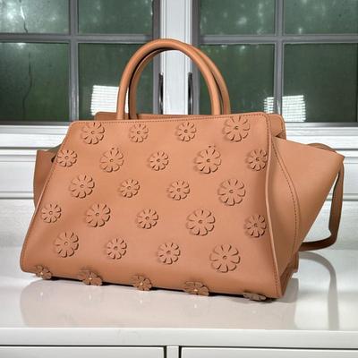 Zac Posen Floral Leather Handbag | Zac Posen Eartha East/West Satchel in tan-colored leather with removable strap and appliqué floral...