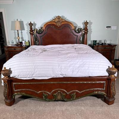 Pulaski Royale Poster King Size Bed Frame | Regal collection by Pulaski having dusty, gold-painted overlays and multi-framed panels of...