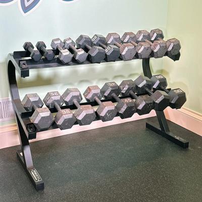 (19pc) DUMBBELLS & RACK | Set of dumbbells and Powertec rack including: 5lbs-50lbs - h. 36 x w. 50 x d. 24 in
