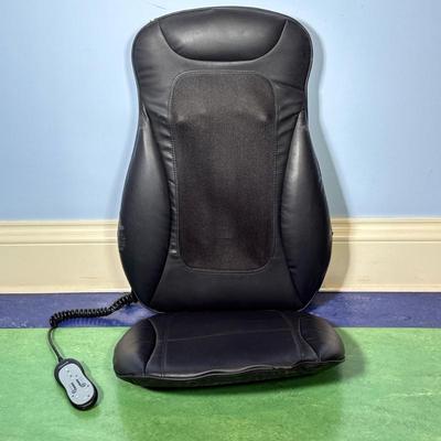 Brookstone Massage Chair Attachment | Black leather, padded shiatsu massage addition for your chair. Remote control includes shiatsu,...