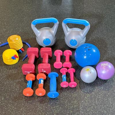 (16pc) DUMBBELLS, KETTEL BELLS, & OTHER EXERCISE EQUIPMENT | Mixed lot including 1lb, 2lbs, 3lbs and 8lbs dumbells, pair of 10lb...