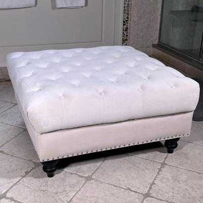 Chic White Ultrasuede Tufted Ottoman | Large square white or off white ottoman - h. 17.75 x w. 35.5 x d. 33.5 in
